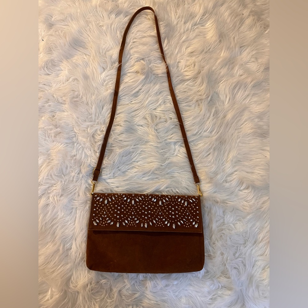 Brown faux suede beaded purse OS